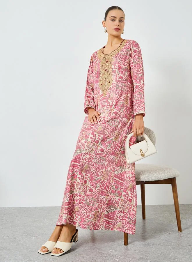 Maxim Creation  Pink Printed Embroidered A-Line Jalabiya for Women | Best Price UAE
